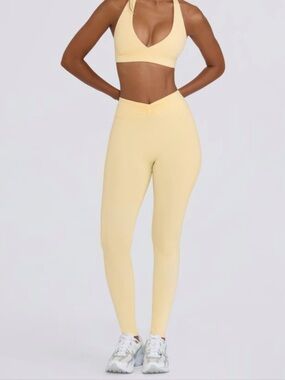 NWT Bo + Tee Brushed Jersey Ruched Mid-rise Leggings In Lemon Marl - S